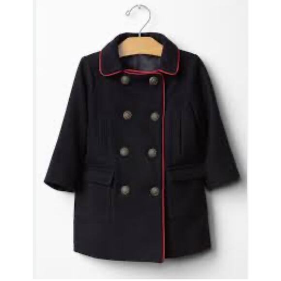 Gap Baby Girl's Contrast-Trim Pea Coat Jacket Black Size‎ Toddler 2-Years - Picture 1 of 13